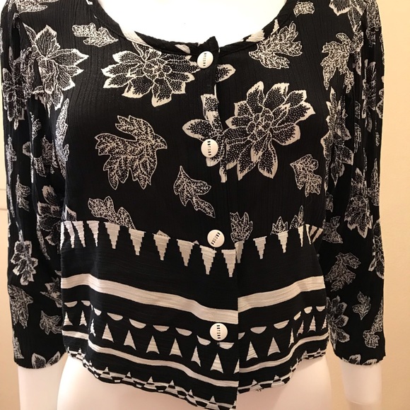 Vintage 80s Cropped Button Up Blouse Womens Size Medium Black White USA Made - Picture 8 of 14